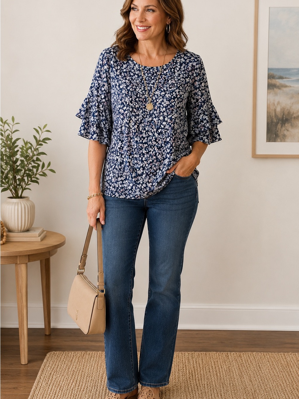Roz & Ali Navy Blue Floral Top with Pink and White Accents-Petite M
